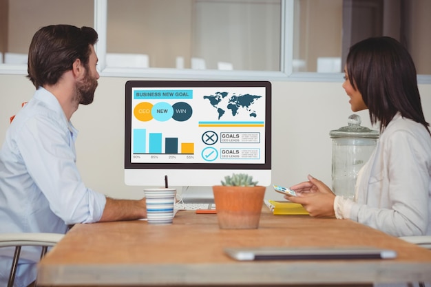Composite image of computer graphic image of business presentation with charts and text
