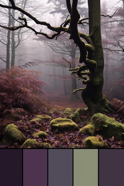 Composito digitale della foresta autunnale nel colore di tendenza Mystic Purple