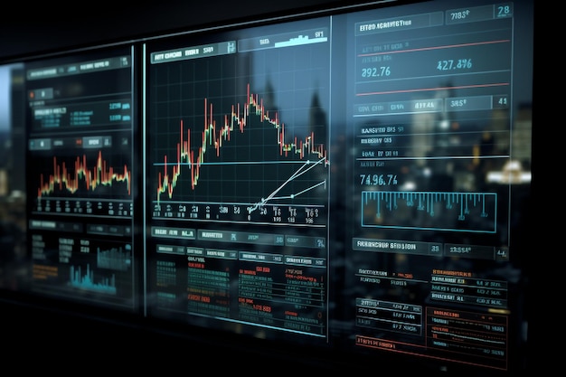 Composito digitale di dati del mercato azionario con grafici e diagrammi sullo schermo del computer