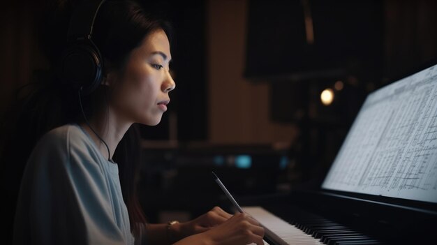 Compositore musicale Donna asiatica di mezza età Scrittura e arrangiamento di spartiti musicali per film TV o videogiochi in Home studio Generative AI AIG22