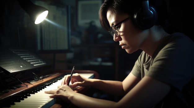 Compositore musicale Donna asiatica di mezza età Scrittura e arrangiamento di spartiti musicali per film TV o videogiochi in Home studio Generative AI AIG22