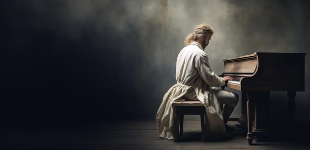 Compositore pianista con i capelli lunghi vestito in stile antico suona il pianoforte