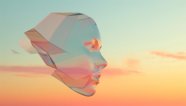 Composizione 3D minimalista di forme geometriche galleggianti che formano un sottile contorno del viso di una donna