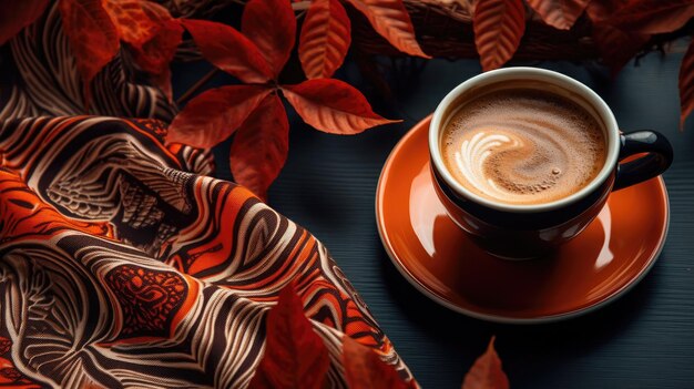 Composizione accogliente d'autunno con plaid morbido grigio e tazza di caffè creata con la tecnologia Generative Al