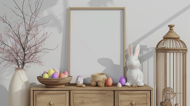 Composizione accogliente dell'interno del soggiorno di Pasqua con cornice per manifesti generativa Ai