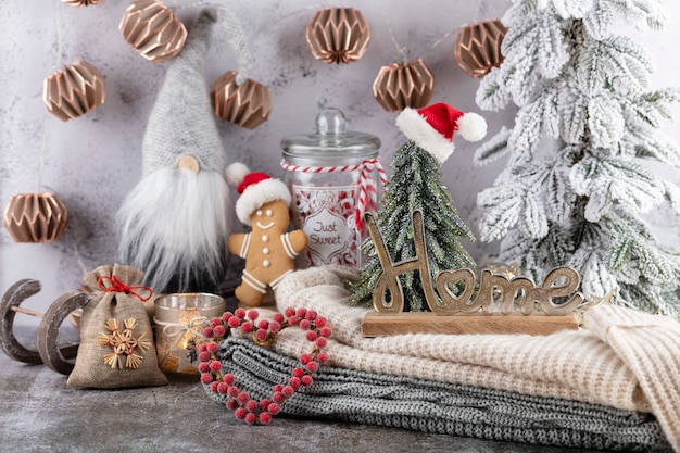 Composizione accogliente in natale con una tazza e biscotti. Cioccolata calda con marshmallow.