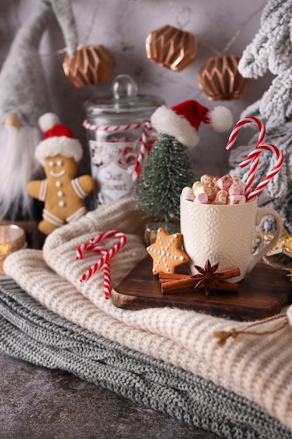 Composizione accogliente in natale con una tazza e biscotti. Cioccolata calda con marshmallow.