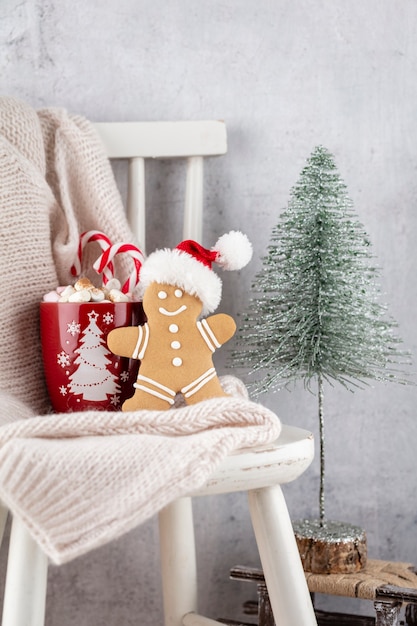 Composizione accogliente in natale con una tazza e biscotti. Cioccolata calda con marshmallow.