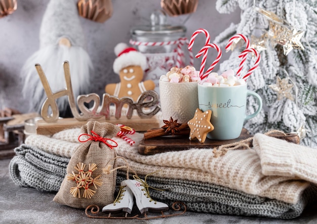 Composizione accogliente in natale con una tazza e biscotti. Cioccolata calda con marshmallow.