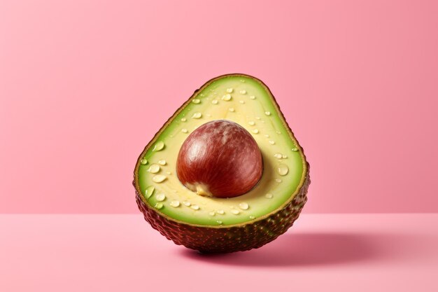 Composizione affascinante Un paesaggio rosa vibrante che tiene mezzo avocado con il suo seme intatto AR