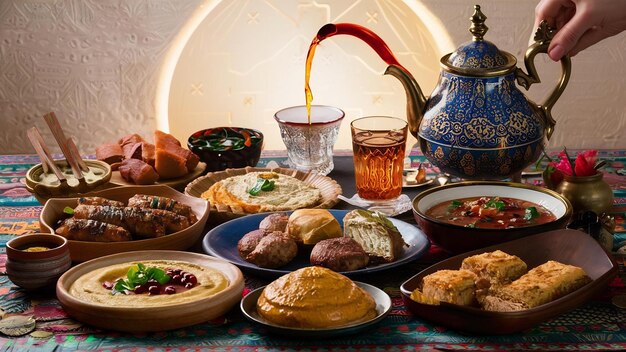 Composizione alimentare araba per il Ramadan con tè