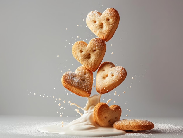 Composizione alimentare con biscotti a forma di cuore e sfondo di cibo dolce al latte galleggiante generato
