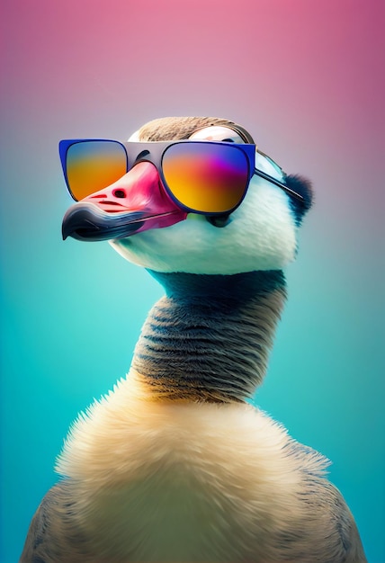 Composizione animale creativa Oca che indossa occhiali da sole occhiali da sole isolati Sfondo sfumato pastello con spazio per la copia del testo Genera ai