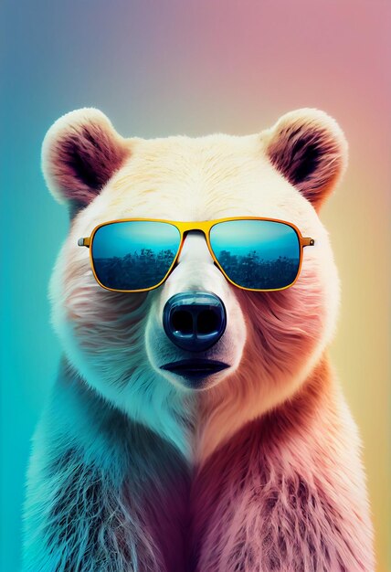 Composizione animale creativa Orso che indossa sfumature occhiali da sole occhiali isolati sfondo a gradiente pastello Con spazio di copia del testo Generare Ai