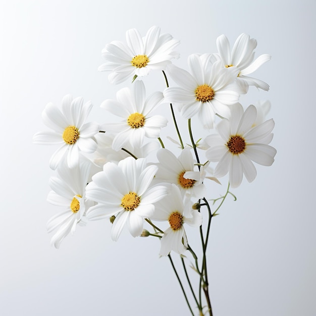 Composizione artistica che mostra un grappolo di girasoli vibranti su uno sfondo bianco pulito