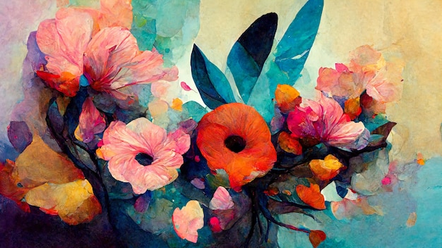 Composizione astratta di piante e petali di fiori pittura texture colore moderno motivo floreale super
