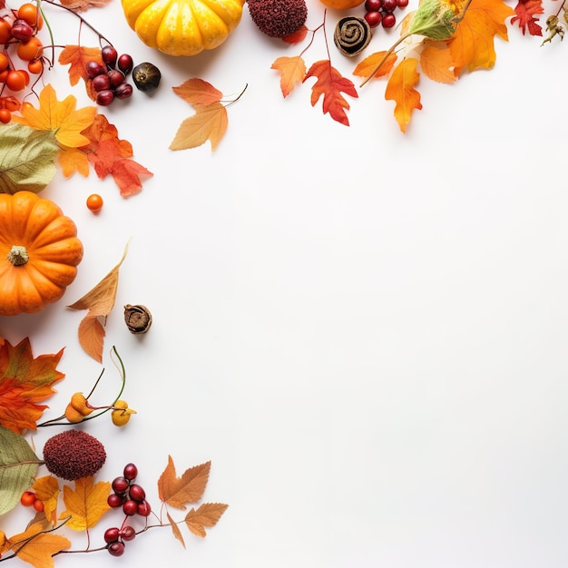 Composizione autunnale Bacche di sorbo foglie secche zucche e fiori su sfondo bianco Autunno autunno halloween concetto del giorno del ringraziamento Vista dall'alto con lo spazio del testo