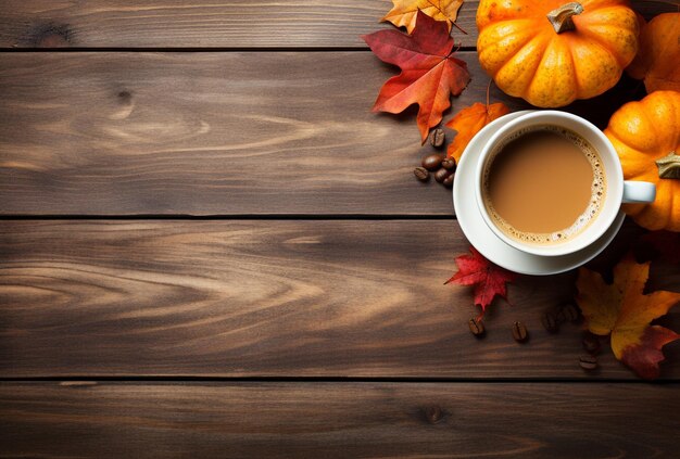 Composizione autunnale con zucche foglie autunnali tazza di caffè su vecchio sfondo di tavolo di legno