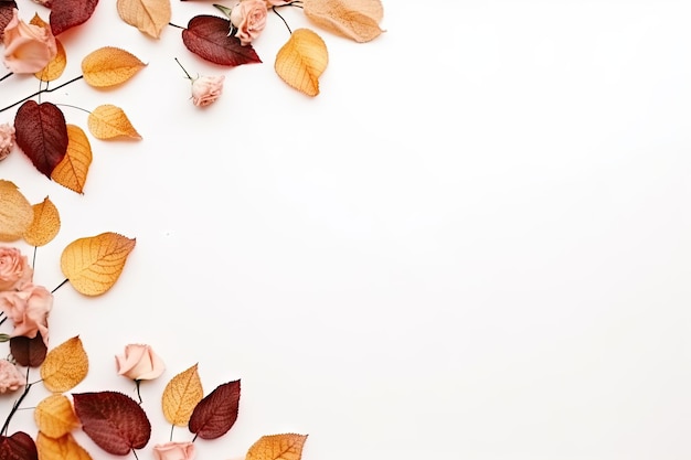 Composizione autunnale cornice di eucalipto fiori di rosa foglie secche su sfondo bianco Concetto di caduta piatto