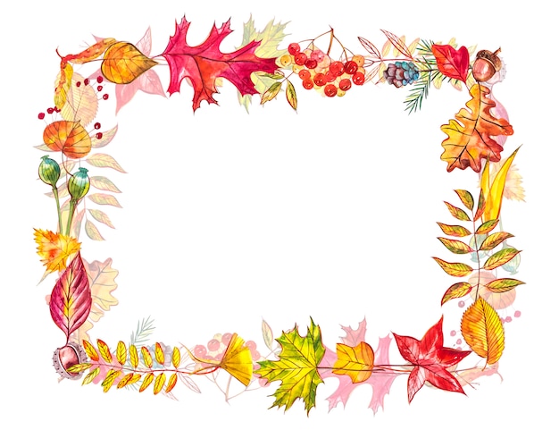 Composizione autunnale. Cornice fatta di bacche e foglie d'autunno. Illustrazioni ad acquerelli.