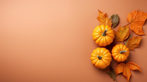 Composizione autunnale del giorno del ringraziamento con zucche arancioni decorative e foglie secche