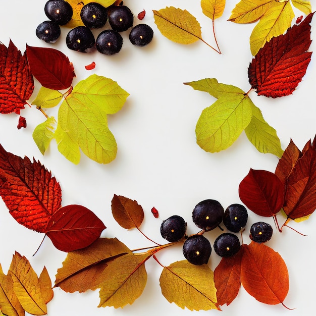 Composizione autunnale di foglie cadute multicolori di bacche di acero di quercia e altre foglie semplici