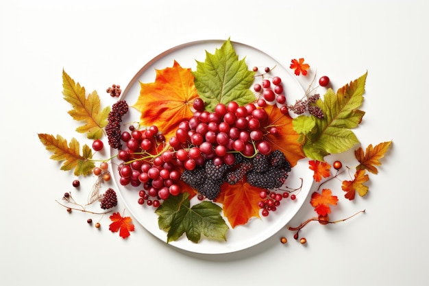 Composizione autunnale di foglie e bacche su sfondo bianco