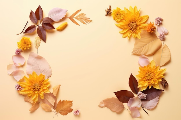 Composizione autunnale di foglie secche e fiori su uno sfondo pastello che offre spazio creativo