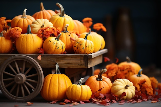 Composizione autunnale di zucche con fiori d'arancio in una carriola da giardino IA generativa