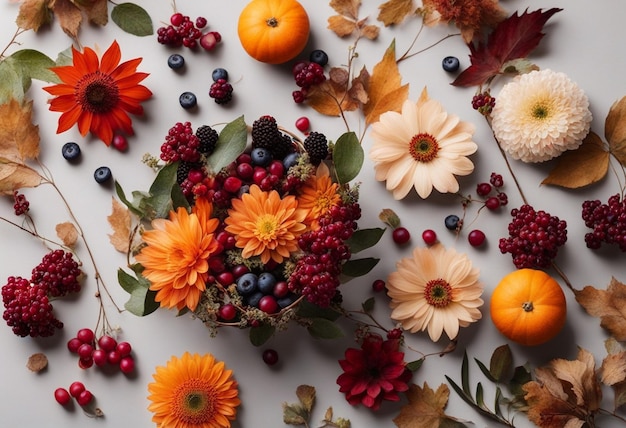 Composizione autunnale fatta di bellissimi fiori e bacche su uno sfondo chiaro