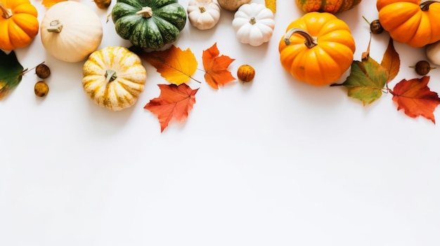 Composizione autunnale foglie secche zucche bacche su sfondo bianco concetto autunnale autunno