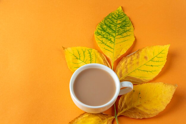 Composizione autunnale, layout di foglie secche gialle e tazza di caffè su sfondo arancione. Natura morta autunnale minimalista, elegante e creativa. Lay piatto, copia spazio.