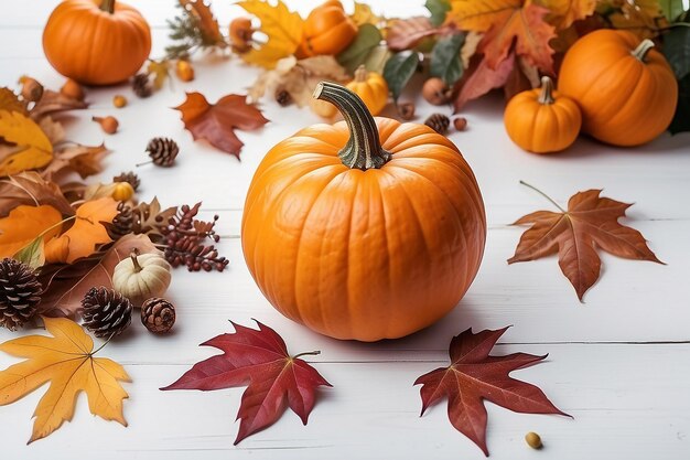 Composizione autunnale zucca e fogliame autunnale su bianco