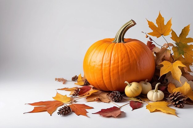 Composizione autunnale zucca e fogliame autunnale su bianco