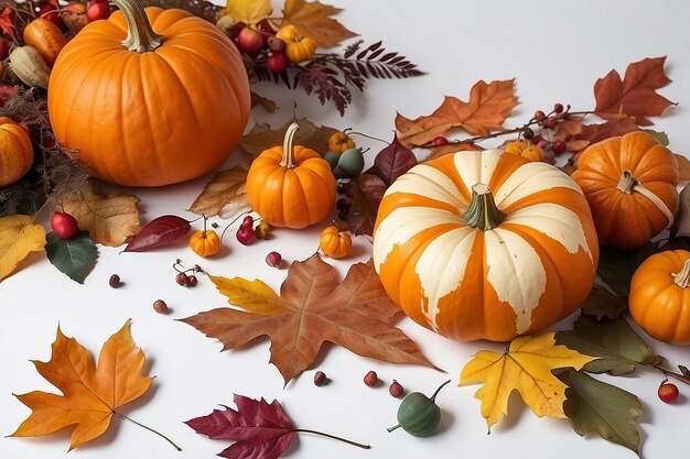 Composizione autunnale zucca e fogliame autunnale su bianco