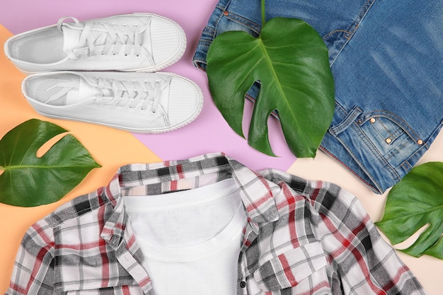 Composizione con abiti alla moda e foglie tropicali su sfondo colorato