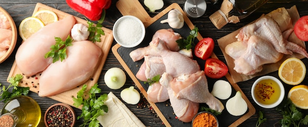 Composizione con carne di pollo cruda su legno, vista dall'alto