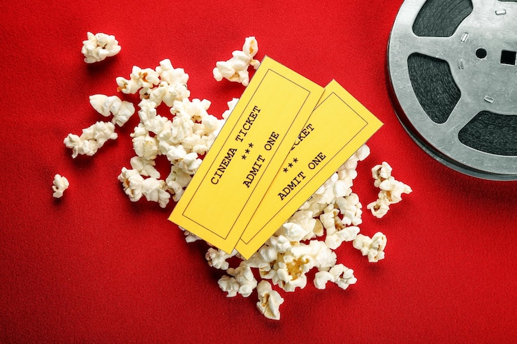 Foto composizione con film popcorn e biglietti del cinema su sfondo colorato