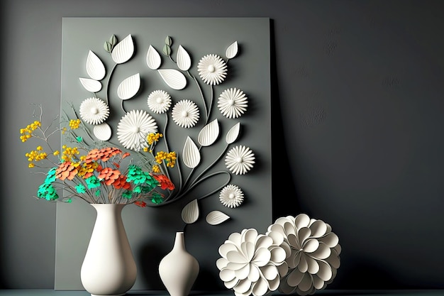 Composizione con fiori di carta di rendering d e lavagna bianca contro il muro grigio generativo ai