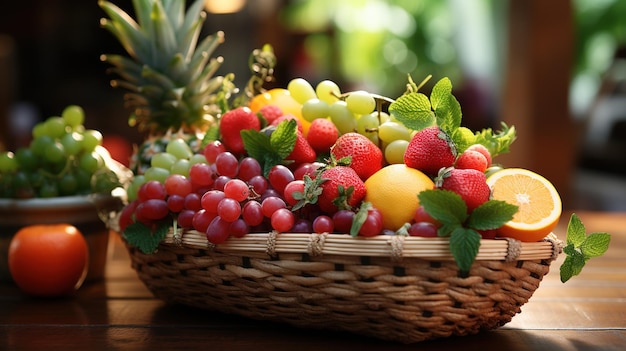 Composizione con frutta e cesto di vimini su bianco