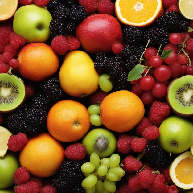 Composizione con frutta fresca e bacche su sfondo scuro primo piano