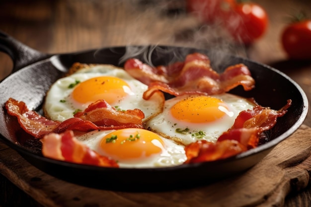 Composizione con gustose uova fritte e pancetta su tavola di legno con spazio copia