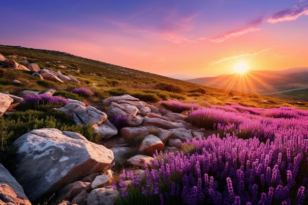 Composizione con paesaggio naturale e colori lavanda