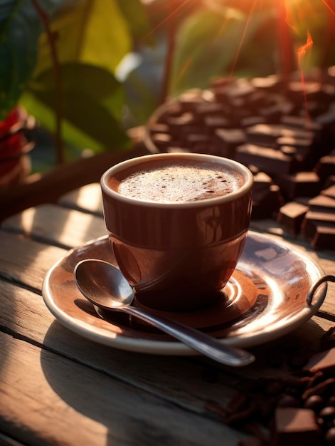 Composizione con una tazza di cacao mattutino sul tavolo con i raggi splendenti del sole mattutino estivo