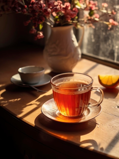 Composizione con una tazza di tè mattutino sul tavolo con i raggi splendenti del sole mattutino estivo