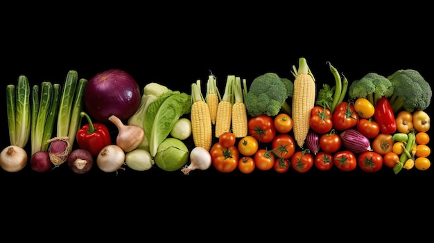 Composizione con varie verdure biologiche crude su sfondo nero AI generativa