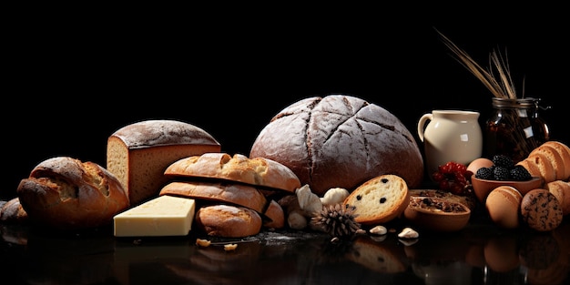 Composizione con varietà di prodotti da pane su sfondo nero