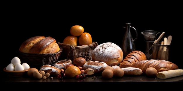 Composizione con varietà di prodotti da pane su sfondo nero