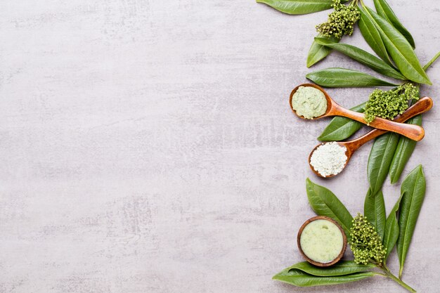 Composizione cosmetica verde a base di erbe bio, sale marino e cosmetici fatti a mano.