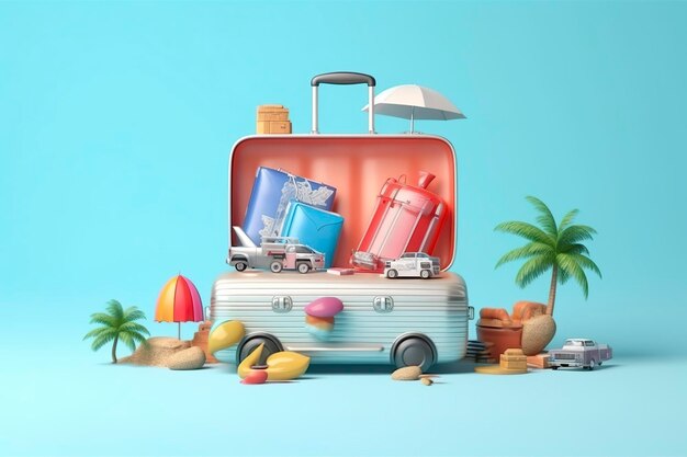 Composizione creativa della spiaggia estiva in valigia su sfondo blu Un'idea di concetto di viaggio in rendering 3D AI generativo